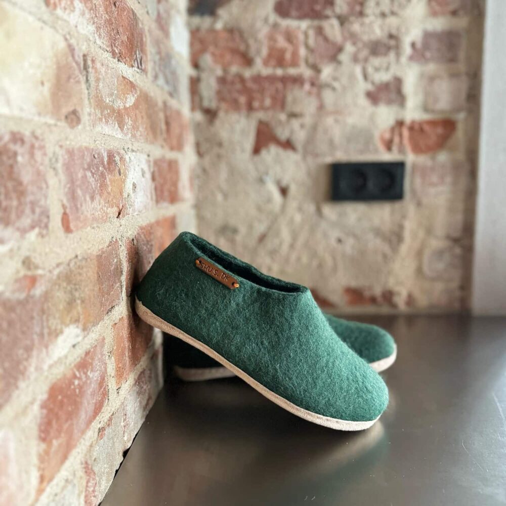 Uldhjemmesko (100% ren uld) - Model Grøn m/sål i skind - Dansk Design fra SHUS